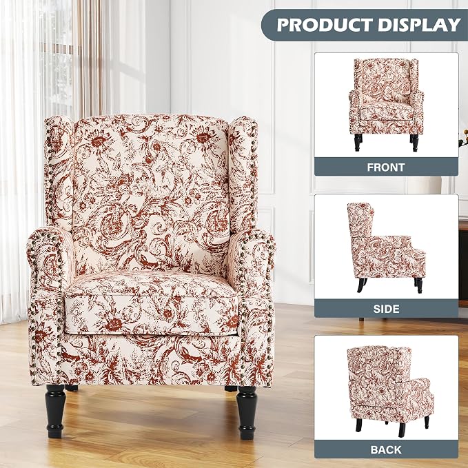 High Back Floral Accent Chairs Set of 2, Fabric Wingback Chair Upholstered Armchair for Living Room - Rococo Orange