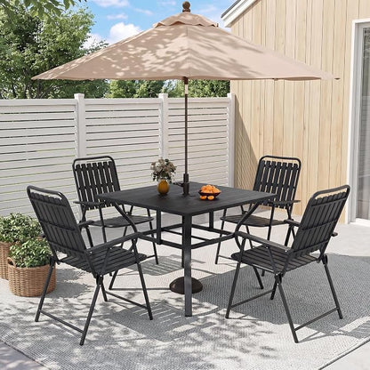 Outdoor Dining Set for 4, Patio Table and Foldable PP Chairs Set with 1.97'' Umbrella Hole, 5pcs Patio Furniture Set 37.8”x37.8” Dining Table Set with No Assembled Chairs for Porch Deck Backyard Pool