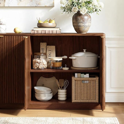 Evermagin 94.5" Fluted Walnut Buffet Cabinet Sideboard with Storage, TV Stands with 6 Doors, Wood Mid Century Modern Credenza for Kitchen and Living Room (94.5" W*31.5" H*15.7" D), Walnut