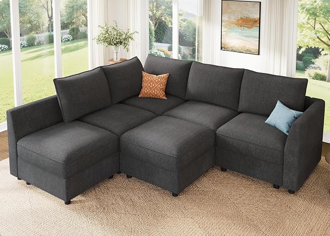 HONBAY Modular Sectional Sofa L Shaped Sectional Couch with Storage, Convertible Couches for Living Room - Snowflake Velvet Grey