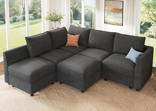 HONBAY Modular Sectional Sofa L Shaped Sectional Couch with Storage, Convertible Couches for Living Room - Snowflake Velvet Grey
