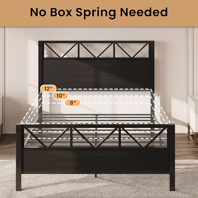LIKIMIO Queen Bed Frame, Tall Industrial Headboard 51.2 ", Platform Bed Frame with Strong Metal Support, Solid and Stable, Noise Free, No Box Spring Needed, Easy Assembly, Black
