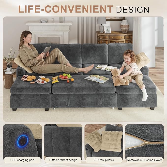 Hanherry 104" Sectional Couch with Pull Out Sofa Bed,Chenille Sleeper Sofa with Storage Ottoman & USB Charging,Comfy U Shaped Modular Couches for Living Room,Apartment