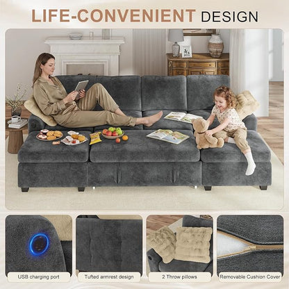 Hanherry 104" Sectional Couch with Pull Out Sofa Bed,Chenille Sleeper Sofa with Storage Ottoman & USB Charging,Comfy U Shaped Modular Couches for Living Room,Apartment