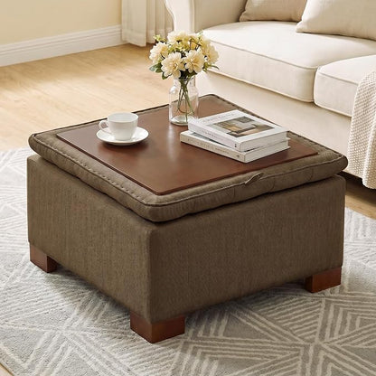 30 Inch Square Storage Ottoman Coffee Table, Modern Tufted Upholstered Ottoman with Flip Tray and Solid Wood Legs, Suitable for Living Rooms, Linen Brown