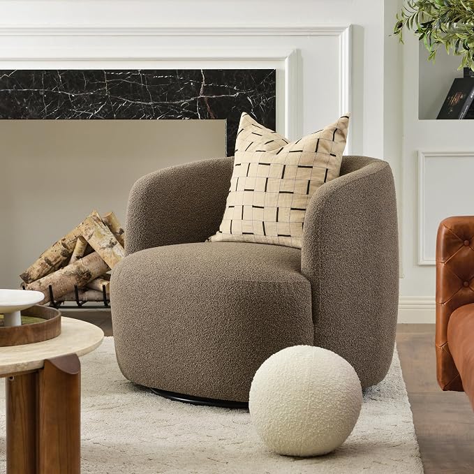 KINWELL 34" Wide Sherpa Swivel Barrel Chair, No Assembly Round Boucle Upholstered Accent Chair Armchair Single Sofa Chair with Toss Pillow for Living Room and Bedroom, Teddy Brown