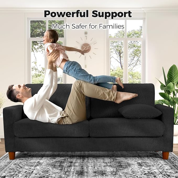 Kidirect 70in L Shaped Couch, Modular Sofa No Tool Assembly, Comfy Sectional Couches for Living Room 21in Deeper Seats, Corduroy Sofas for Living Room with 2 Pillows, Loveseat Sofa Set, Black Couch