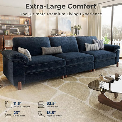 SITJOY Large Cloud Couch, 118" Wide 3 Seater Sofa, Chenille in Navy Blue | Detachable and Washable Chenille Cover Sectional Sofas for Living Room, Deep Seat Wide Couch