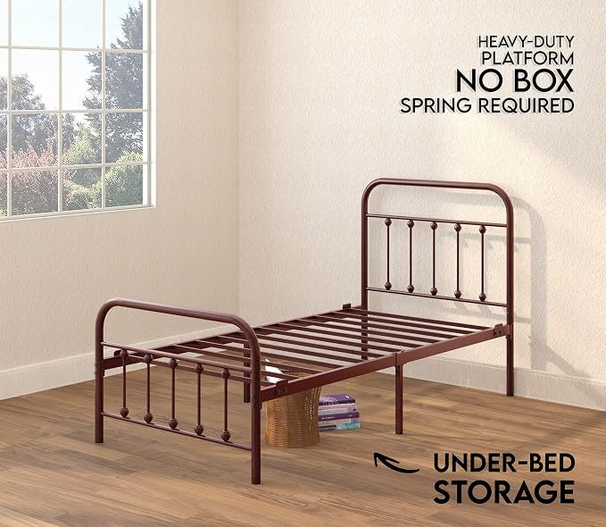 Golden Gate Beds Vintage Wrought Iron BedFrame with Classic Metal Platform Base, Headboard and Footboard, No Box Spring Needed, Easy Assembly, Mattress Base, Noise-Free, Sleek Brown Finish - Twin Size