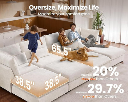 154" Oversized Chenille Couch Modular Sectional Sofa, Washable Cloud Couch Sectional, 4 Seater Sectional Couches for Living Room, Fully Cover Removable, Basic 4 Seater, Chenille, White