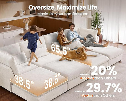 115" Oversized Chenille Couch Modular Sectional Sofa, Washable Cloud Couch Sectional with Ottoman, 4 Seater Sectional Couches for Living Room, Fully Cover Removable, L Shaped, Chenille, White