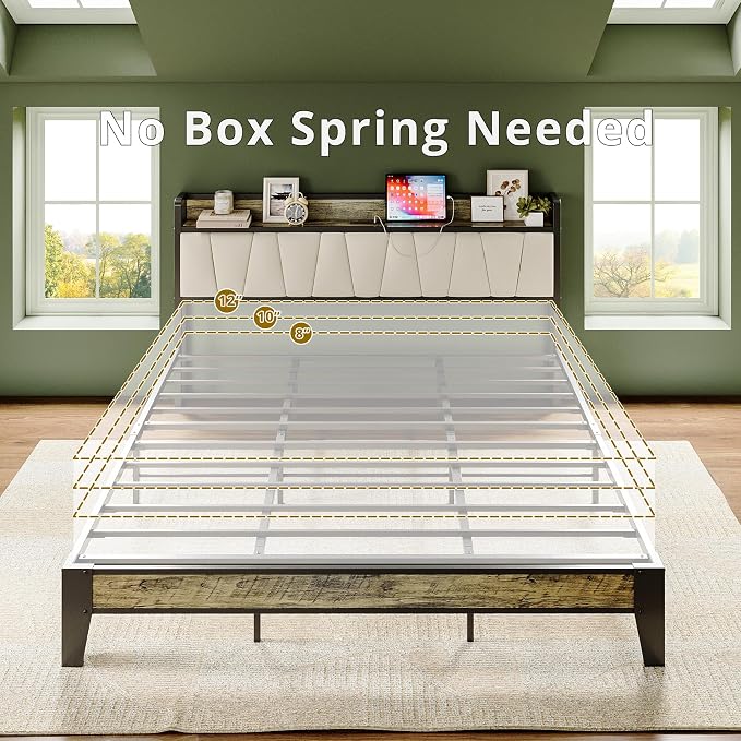 LIKIMIO California King Bed Frame, Storage Headboard with Charging Station, Solid and Stable, Noise Free, No Box Spring Needed, Easy Assembly (Walnut and Beige)