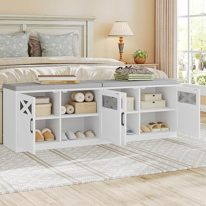 Hzuaneri 2 Tier Shoe Storage Bench with Doors, 59" Farmhouse Shoe Bench with Padded Cushion, 12-16 Pairs of Bed End Bench, Entryway Bench with Storage for Bedroom, Living Room, White SB61503X