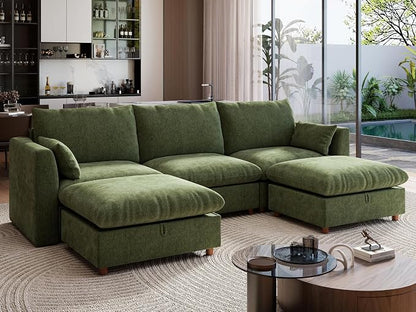Ihanherry 117" Oversized Modular Sectional Sofa, Modern U Shaped Cloud Couch with 2 Storage Ottoman, 5-Seat Comfy Chenille Deep Seat Sofa with 2 Pillows for Living Room, Green