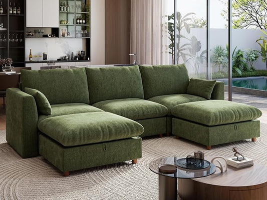 Ihanherry 117" Oversized Modular Sectional Sofa, Modern U Shaped Cloud Couch with 2 Storage Ottoman, 5-Seat Comfy Chenille Deep Seat Sofa with 2 Pillows for Living Room, Green