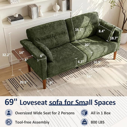 Vipbear 69" Loveseat Sofa,Modern Couches for Small Spaces,Green Chenille Love Seat Couch for Living Room,Bedroom,Apartment,Office,Deep Seat,Armrest Tabletop,Throw Pillow