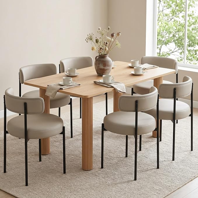 Faux Leather Dining Chairs Set of 6, Upholstered Kitchen and Dining Room Chairs, Mid-Century Modern Dining Chairs with Round Back and Black Metal Legs, Vegan Leather, Beige Grey