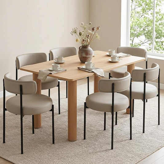 Faux Leather Dining Chairs Set of 6, Upholstered Kitchen and Dining Room Chairs, Mid-Century Modern Dining Chairs with Round Back and Black Metal Legs, Vegan Leather, Beige Grey