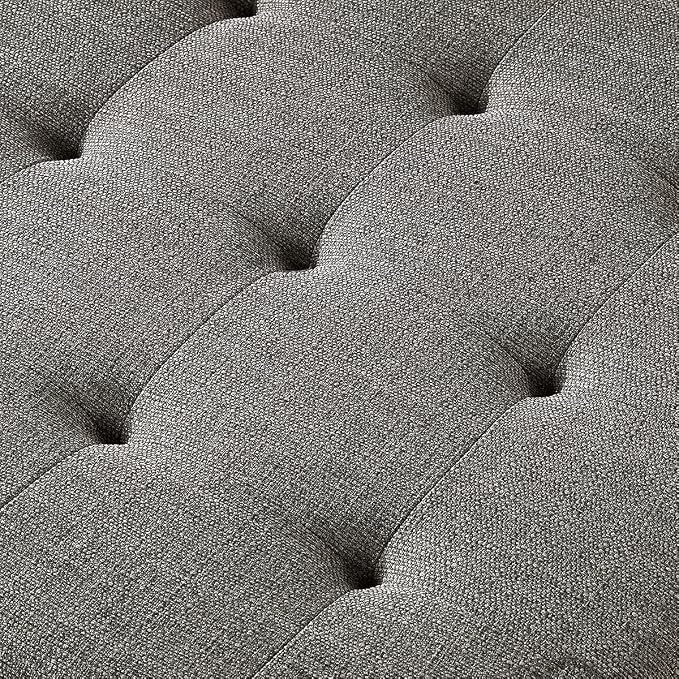 24KF Large Square Upholstered Tufted Linen Ottoman Coffee Table, Large Footrest Ottoman with Solid Wood Shelf-Granite