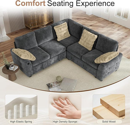Hanherry Sectional Couch with Pull Out Sofa Bed,Chenille Sleeper Sofa with 2 Seat Storage & USB Charging,Comfy L Shaped Modular Couches for Living Room,Apartment