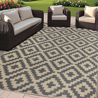 SAND MINE Reversible Mats, Plastic Straw Rug, Modern Area Rug, Large Floor Mat and Rug for Outdoors, RV, Patio, Backyard, Deck, Picnic, Beach, Trailer, Camping (4' x 6', Grey Tan Lattice)