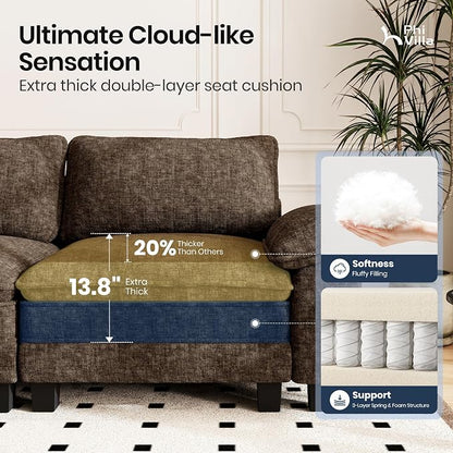 PHI VILLA Modern Modular Couches Sets, 123.6" Cloud Sectional Sofa with Upholstered Deep Seat, 3-Seater Couch for Living Room Small Spaces, Chenille Grayish Brown