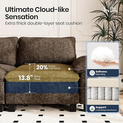 PHI VILLA Cloud Modular Couches Sets, 157.5" Sectional Sofa with Upholstered Deep Seat, 4-Seater Long Couches for Living Room Apartment, Chenille Grayish Brown