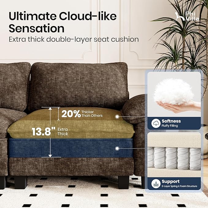 PHI VILLA Cloud Modular Couch Sets, 157.5" Oversized Sectional Sofa with L-Shaped Chaise, 5-Seater Upholstered Couches with Movable Ottoman for Living Room, Chenille Grayish Brown