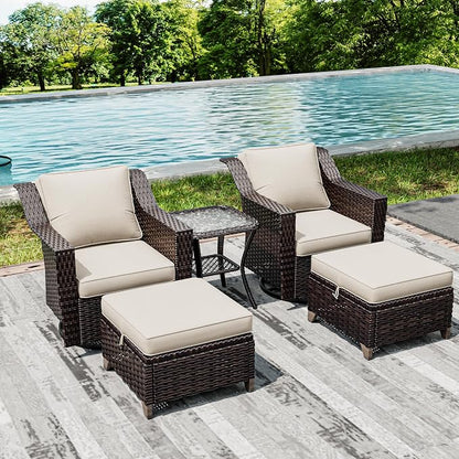 Outdoor patio furniture set with cushions by a pool