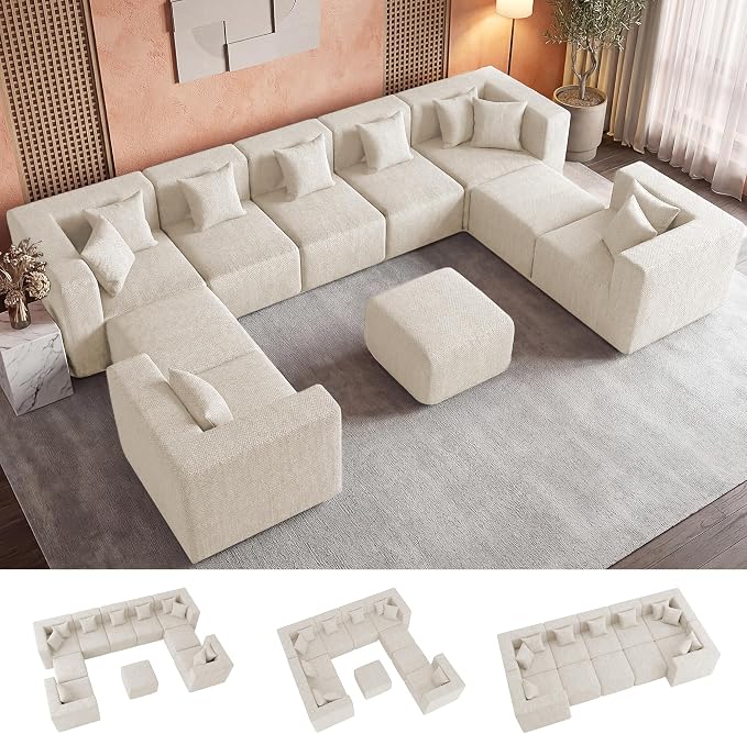 MONVANE Modular Sectional Sofa, Oversized 10 Seat Convertible U Shaped Couch with Ottoman, Comfy Chenille Cloud Couch with Deep Seat, Sectional Couches for Living Room, No Assembly Required, Beige
