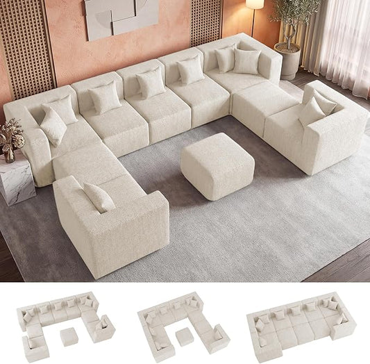 MONVANE Modular Sectional Sofa, Oversized 10 Seat Convertible U Shaped Couch with Ottoman, Comfy Chenille Cloud Couch with Deep Seat, Sectional Couches for Living Room, No Assembly Required, Beige