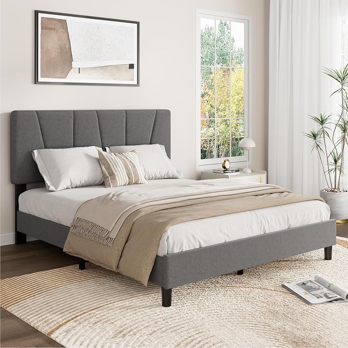 GarveeHome Full Size Bed Frame with Upholstered Headboard, Modern Fabric Platform Bed Frame with Wooden Slat Support, Adjustable Headboard, No Box Spring Needed, Noise-Free, for Bedroom