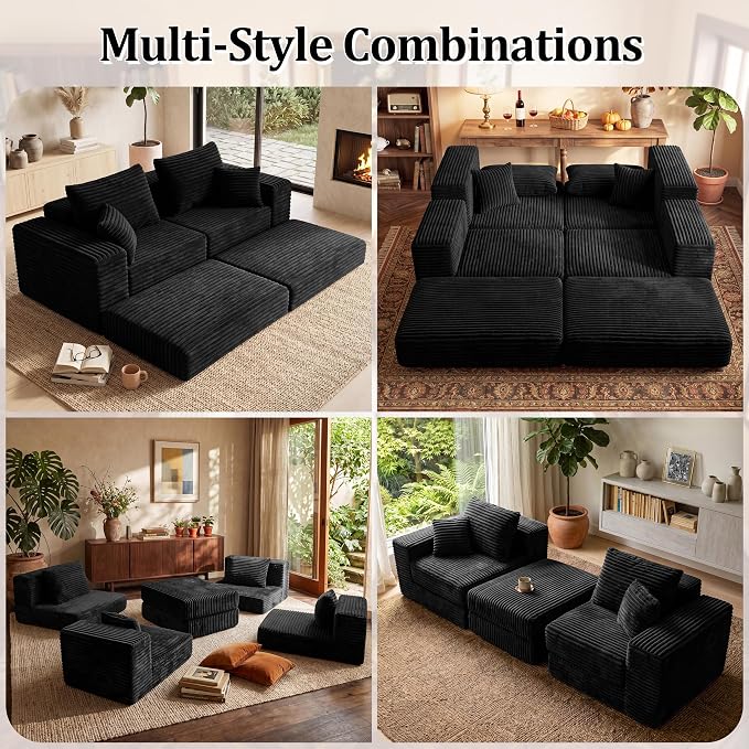 75'' L-Shaped Cloud Modular Sectional Couch with Chaise, Modern Corduroy Memory Foam Sofa Bed, Upholstered Boneless Deep Seat Fluffy Sleeper Sofa, for Living Room, No Assembly Needed (Black)