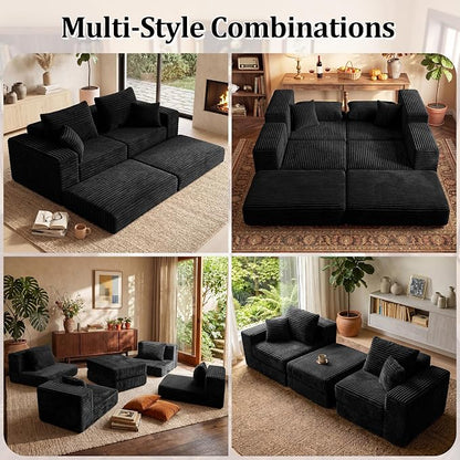 75'' L-Shaped Cloud Modular Sectional Couch with Chaise, Modern Corduroy Memory Foam Sofa Bed, Upholstered Boneless Deep Seat Fluffy Sleeper Sofa, for Living Room, No Assembly Needed (Black)