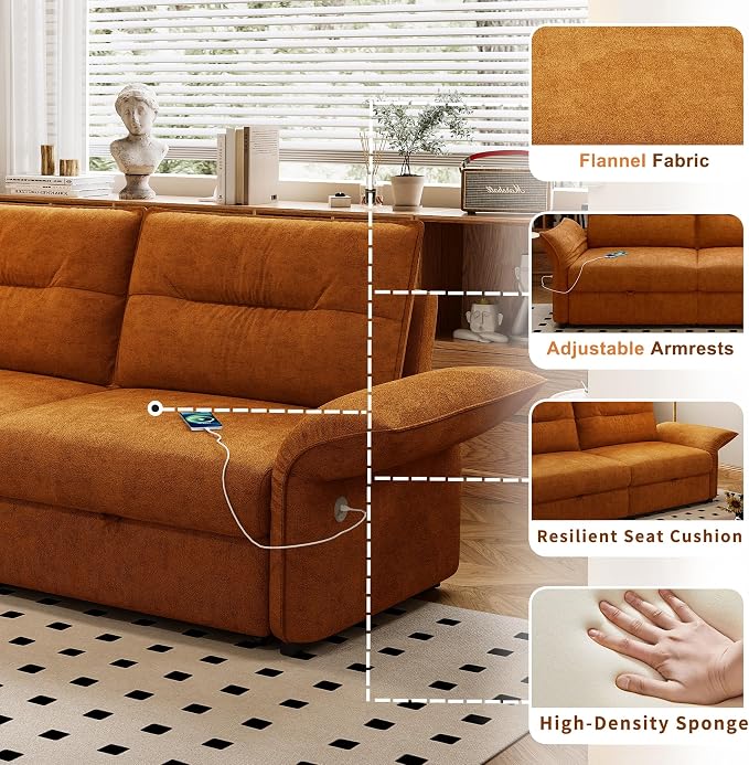 85'' Sofa Bed Full, Assembly, 3 in 1 Sleeper Sofa Beds, Flannel Pull Out Couch for Living Room, Charging & Adjustable Armrest, Comfy Loveseat for Small Space, Flannel Orange