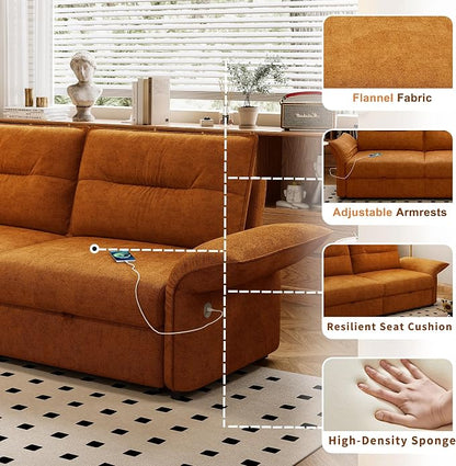 85'' Sofa Bed Full, Assembly, 3 in 1 Sleeper Sofa Beds, Flannel Pull Out Couch for Living Room, Charging & Adjustable Armrest, Comfy Loveseat for Small Space, Flannel Orange
