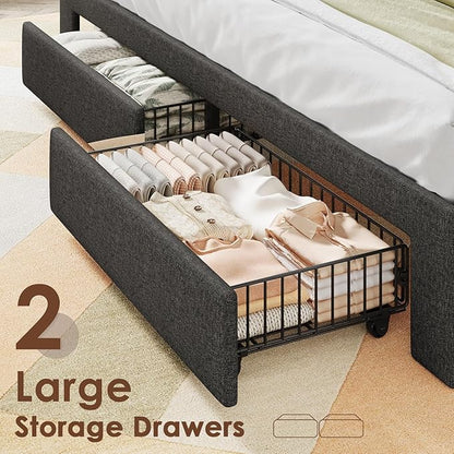 Driftalia Full Size Bed Frame with 2-Tier Storage Headboard, Upholstered Full Bed Frame with 2 Drawers, Charging Station and LED Lights, No Box Spring Needed, Easy Assembly - Dark Grey