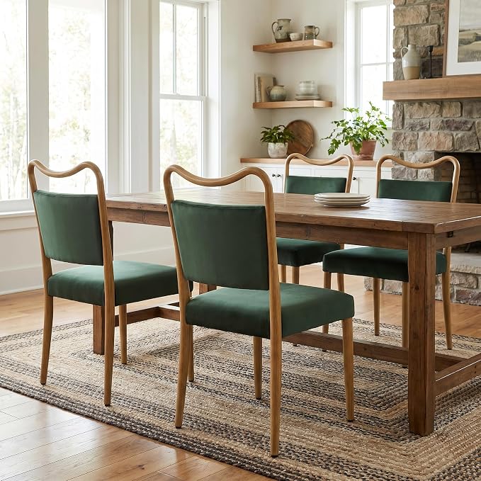Velvet Dining Chairs Set of 4, Upholstered Dining Chairs with Wood Grained Metal Frame, Mid Century Modern Velvet Chairs for Dining Room, Kitchen and Restaurant,Velvet Green