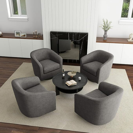 Swivel Barrel Accent Chairs Set of 4, Fabric Upholstered Armchair Modern Round Club Arm Chair for Living Room, Comfy Single Sofa Seating Bedroom Side Reading Seat for Home Office - Gray