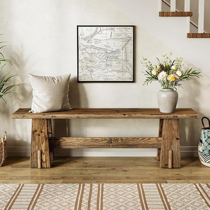 LITTLE TREE 59" Solid Wood Bench, Farmhouse Entryway Bench, Long Retro Bench for End of Bed, Dining Room, Entryway, Hallway, Living Room, Bedroom, Kitchen, Sturdy Frame Design, Rustic Brown