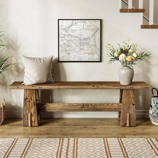 LITTLE TREE 59" Solid Wood Bench, Farmhouse Entryway Bench, Long Retro Bench for End of Bed, Dining Room, Entryway, Hallway, Living Room, Bedroom, Kitchen, Sturdy Frame Design, Rustic Brown