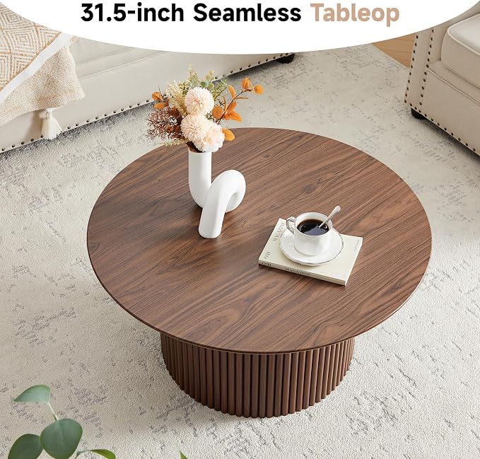 31.5" Round Coffee Table, Modern Fluted Accent Center Table with Metal Frame, Wooden Circle Coffee Tables for Living Room Small Space or Office (Walnut)