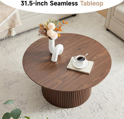 31.5" Round Coffee Table, Modern Fluted Accent Center Table with Metal Frame, Wooden Circle Coffee Tables for Living Room Small Space or Office (Walnut)