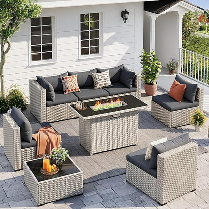 UDPATIO Patio Furniture Set with Fire Pit Table, 8 Pcs Outdoor Sectional Sofa, PE Wicker Patio Conversation Set for Garden, Backyard (Black Cushions with Light Grey Rattan)