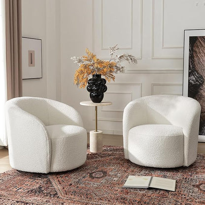 KINWELL 34" W Swivel Barrel Chair Set of 2, Mid Century Modern Round Upholstered Boucle Swivel Accent Chairs, No Assembly Sofa Chair for Living Room Bedroom Reading, Cream