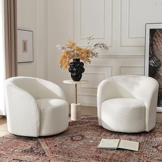 KINWELL 34" W Swivel Barrel Chair Set of 2, Mid Century Modern Round Upholstered Boucle Swivel Accent Chairs, No Assembly Sofa Chair for Living Room Bedroom Reading, Cream