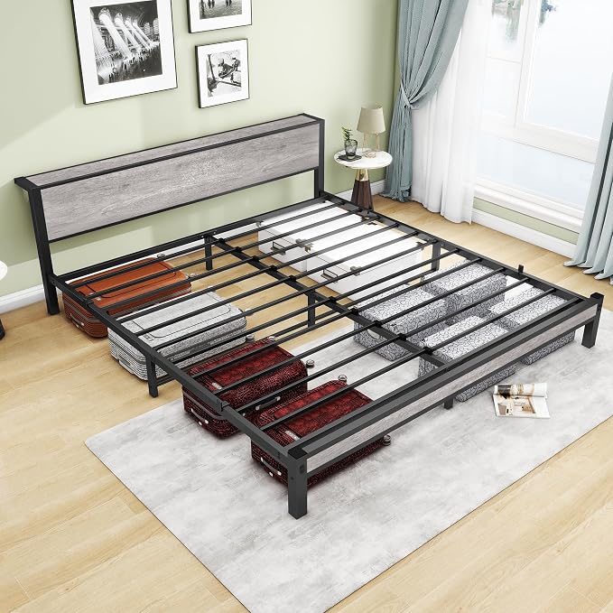 DUMEE King Bed Frame with Wood Storage Headboard, Metal Platform Bed Frames King Size, No Box Spring Needed, Noise Free, Black & Grey