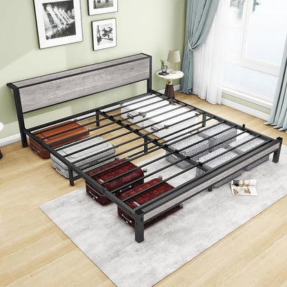 DUMEE King Bed Frame with Wood Storage Headboard, Metal Platform Bed Frames King Size, No Box Spring Needed, Noise Free, Black & Grey