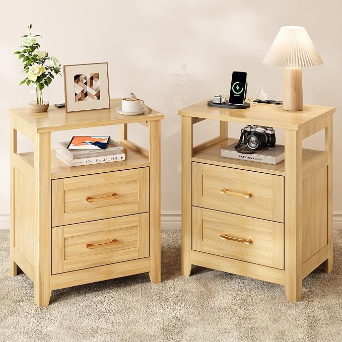 Decofy Farmhouse Nightstand with Charging Station, Modern End Tables with 2 Drawers & Open Shelf, Outlets, USB Ports and Type-C Ports, Wood Rustic Nightstands for Bedroom (2 Pack, Oak)