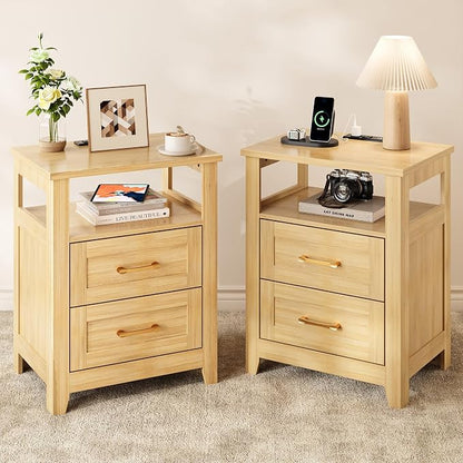 Decofy Farmhouse Nightstand with Charging Station, Modern End Tables with 2 Drawers & Open Shelf, Outlets, USB Ports and Type-C Ports, Wood Rustic Nightstands for Bedroom (2 Pack, Oak)